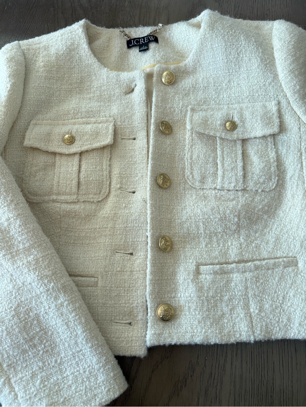 Cropped Bouclé Jacket with Gold Buttons - Cream Great Winter White  Blazer - Picture 7 of 8